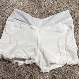 Women's White Distressed Maternity Shorts